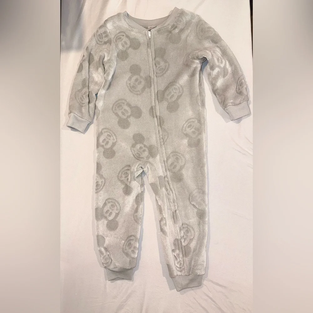 Disney Toddler Kids Gray Mickey Mouse Fleece One-Piece Footie Pajamas Size 4T